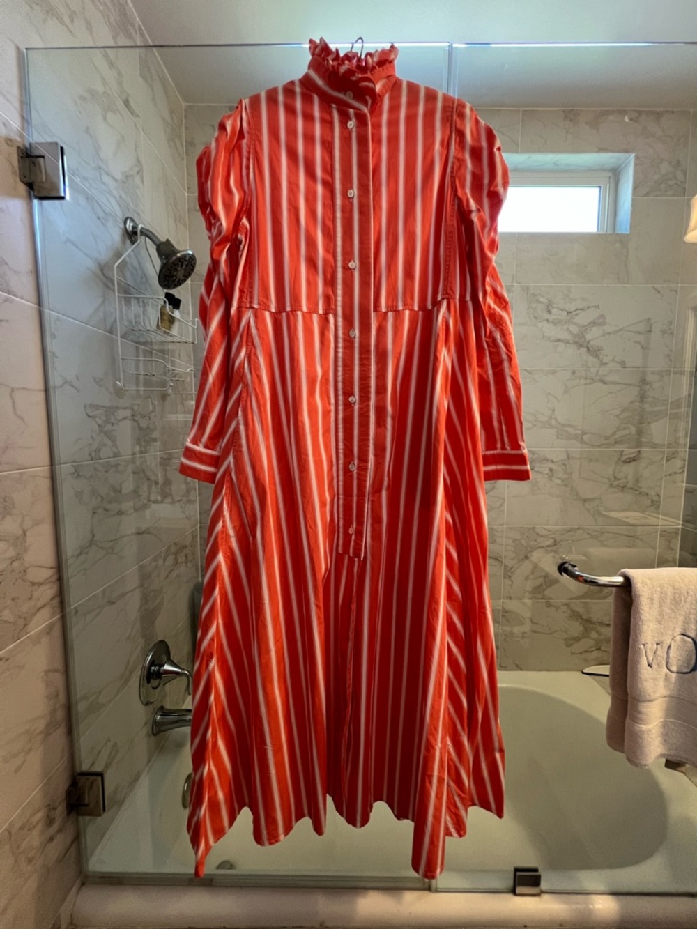 THIERRY COLSON Rare Long Sleeve VENETIA Maxi Ruffle Collar Coral Stripe Dress XL